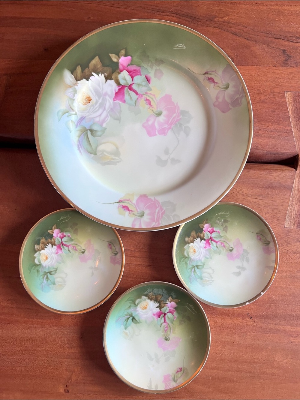 4 Antique Thomas Hand Painted Bavaria Porcelain 12.5” & 6” Sevres Plates Flowers